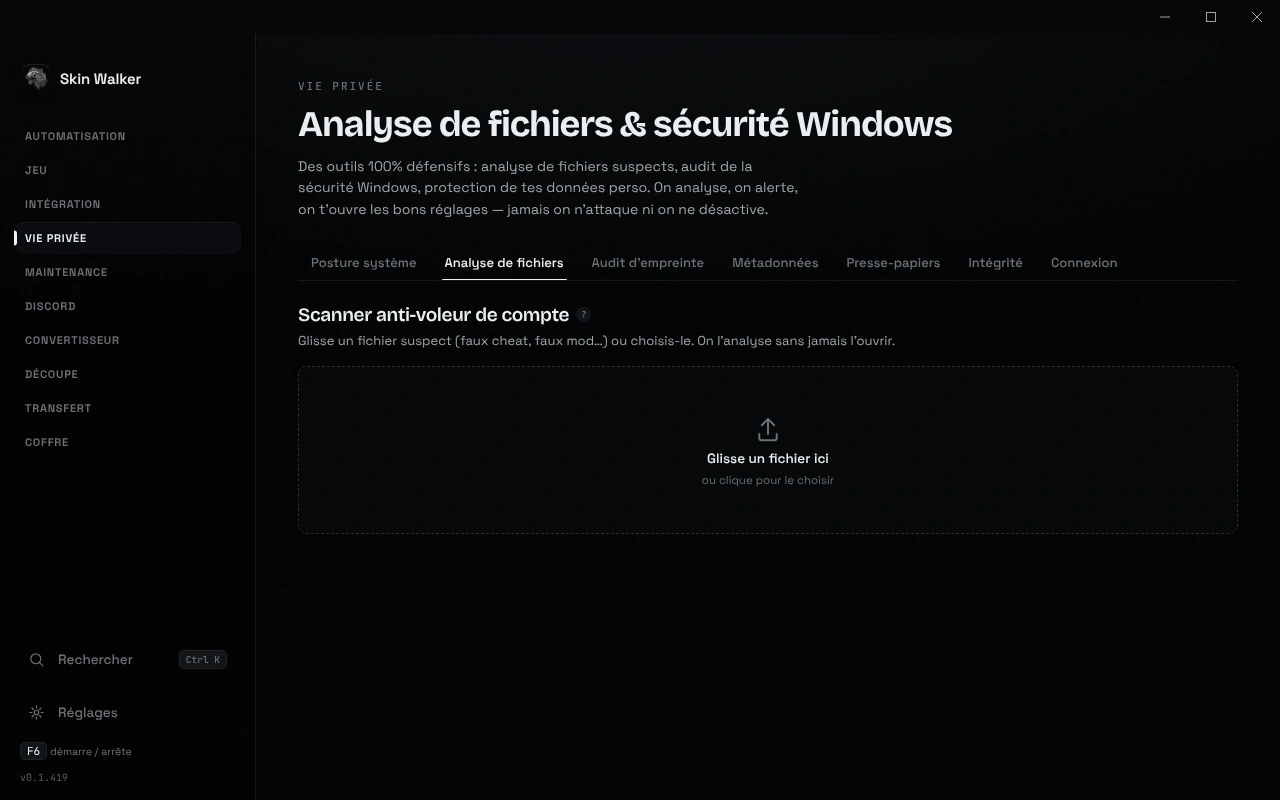 Capture de l'app, Vie privée › Analyse de fichiers : une zone où glisser un fichier suspect, que l'outil analyse sans l'ouvrir.