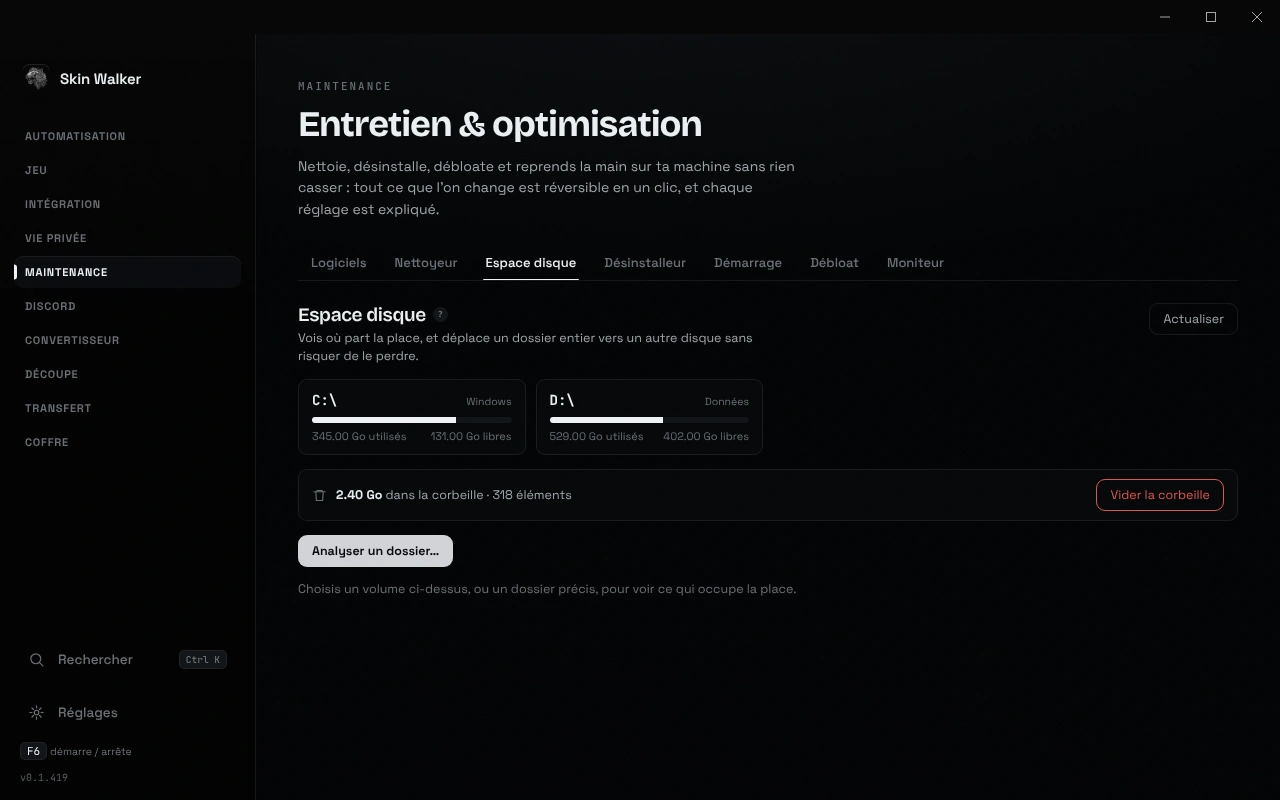Capture de l'app, Maintenance › Espace disque : la place utilisée et libre de chaque disque, le contenu de la corbeille et le bouton Analyser un dossier.